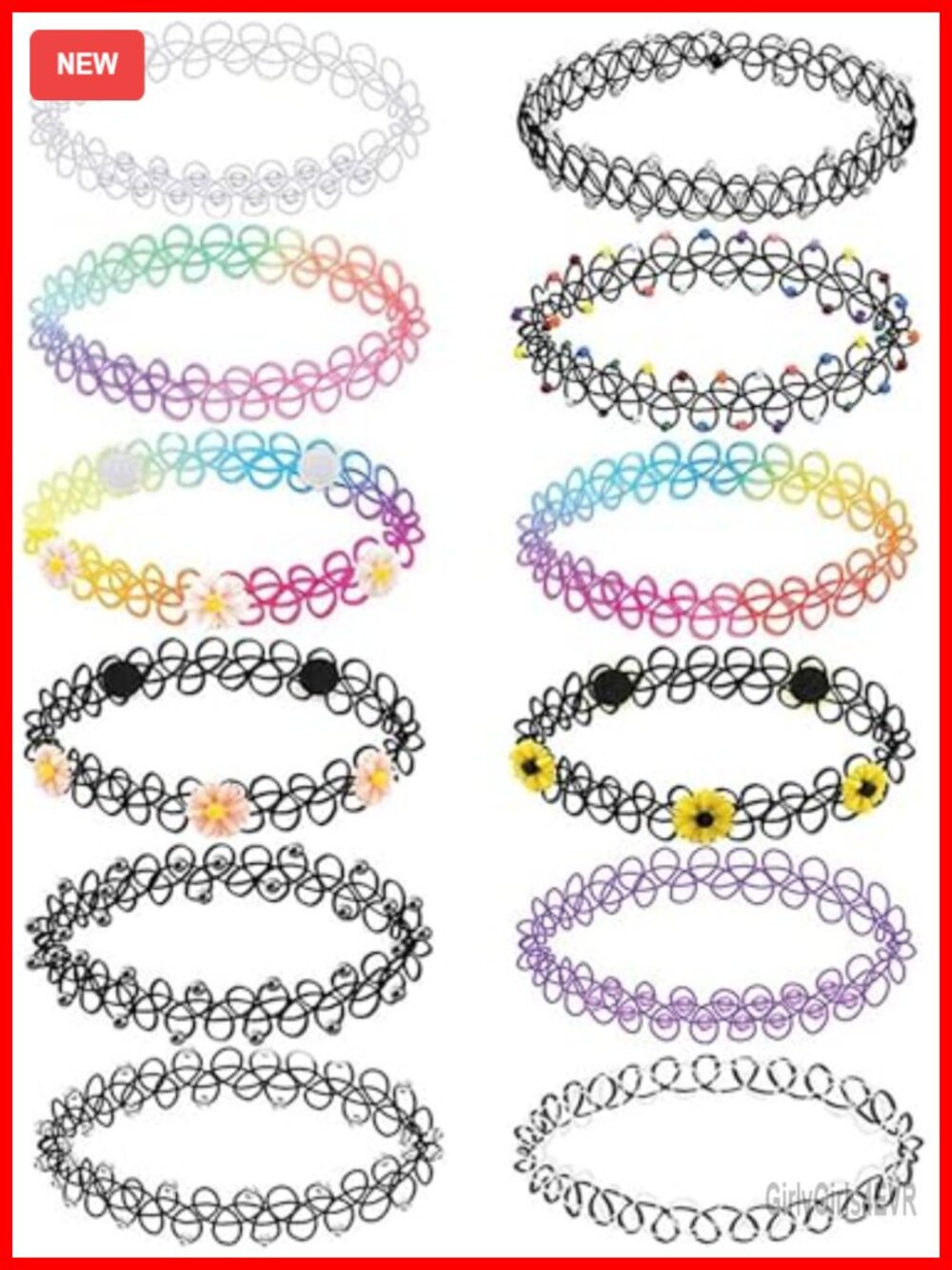 12 Pc Stretchy Tattoo Choker Necklaces Set - Vintage Y2K Grunge Punk Gothic